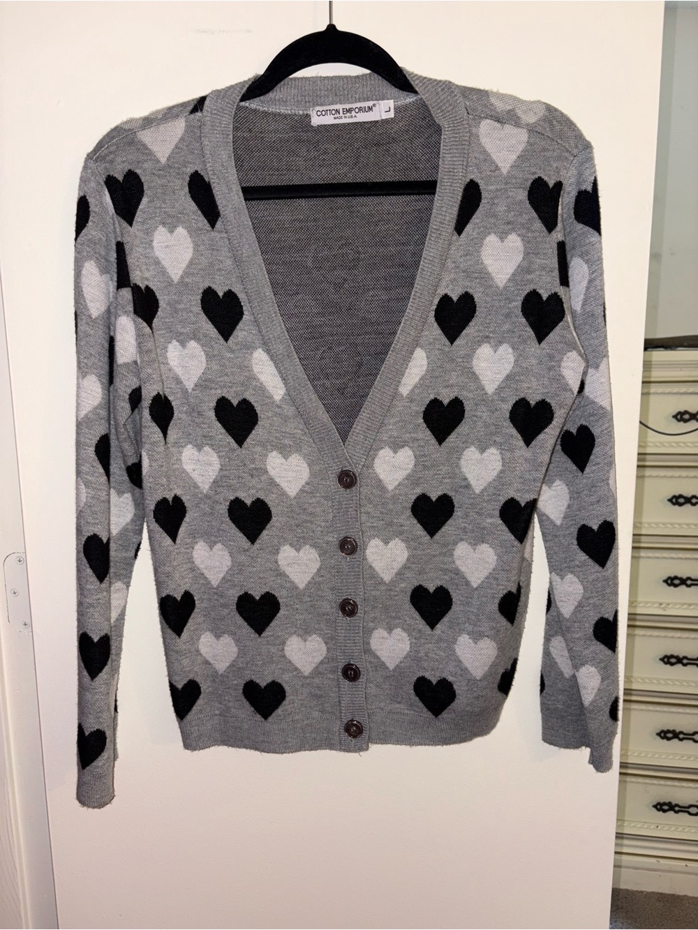 Cotton Emporium Gray Heart-Print V-Neck Cardigan